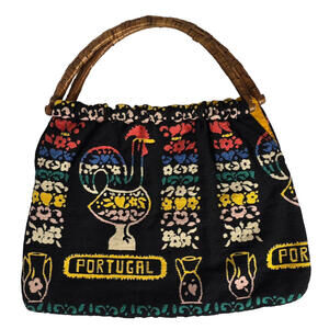 Vintage Handbag Rooster Flowers Vases Word "Portugal" In Pattern